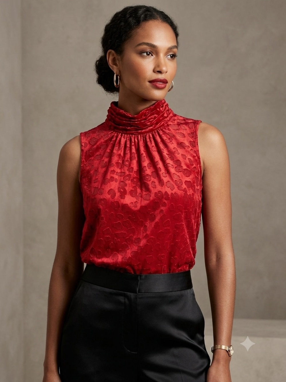 White House Black Market Red Sleeveless Mock-Neck Jacquard Satin Top